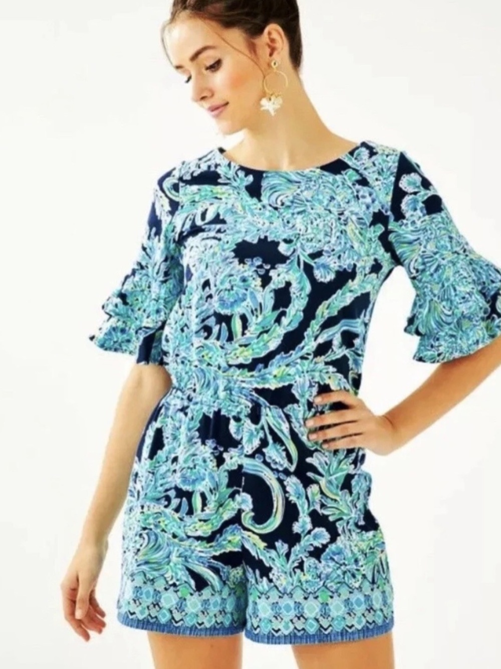 Lilly Pulitzer Lula Romper in the High Tide Navy Scuba Doo print Size M